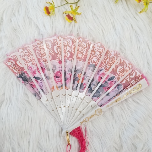 Pink and Gold Floral White Chinese Hand Fan. - Picture 6 of 9